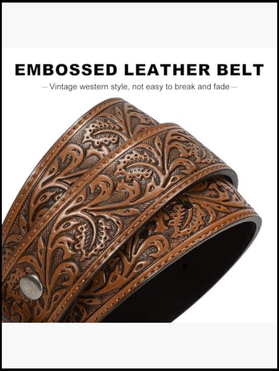 Western Cowboy Belt Leather Embossed Floral Buckle Removable Country Style main image 4